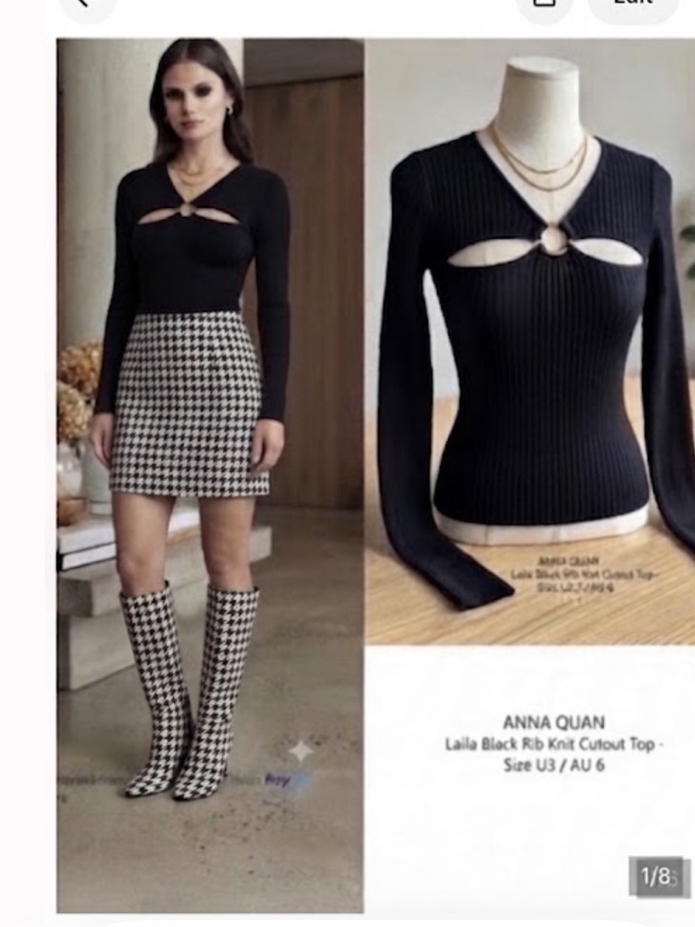 ANNA QUAN Laila Black Rib Knit Cutout Top US 2 AU 6 Going Out Quiet Luxury